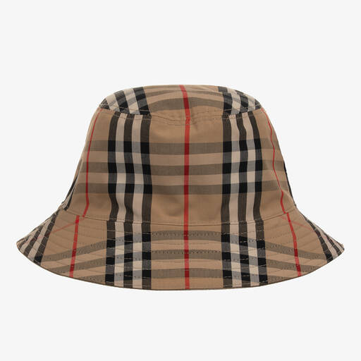 Burberry-Beige Check Reversible Bucket Hat | Childrensalon