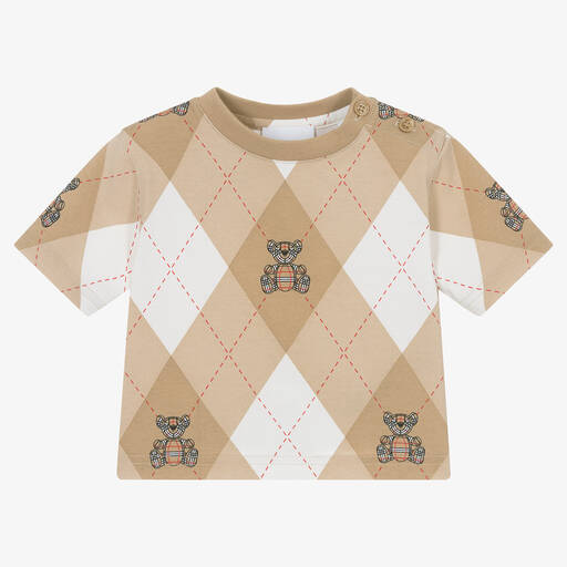 Burberry-Beige Cotton Argyle Baby T-Shirt | Childrensalon