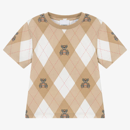 Burberry-Beige Cotton Argyle Check T-Shirt | Childrensalon