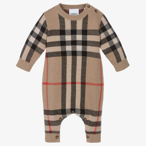 Burberry-Beige Knit Baby Rompersuit | Childrensalon