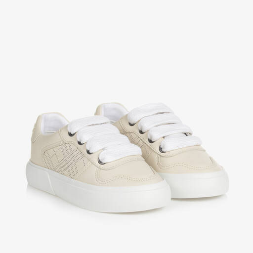 Burberry-Beige Leather Lace-Up Trainers | Childrensalon