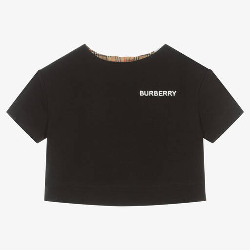 Burberry-تيشيرت قطن جيرسي كاروهات لون أسود وبيج للمولودات | Childrensalon
