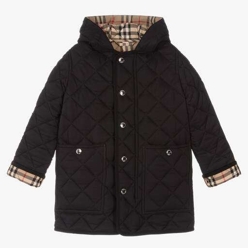 Burberry-Black Button Up Quilted Long Coat | Childrensalon