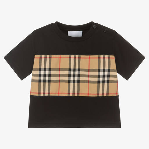 Burberry- Черная хлопковая футболка с акцентом в ретроклетку | Childrensalon