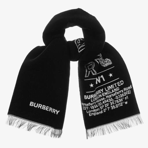 Burberry-Black Wool Logo Scarf (127cm) | Childrensalon