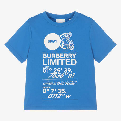 Burberry-Blue Cotton Logo T-Shirt | Childrensalon