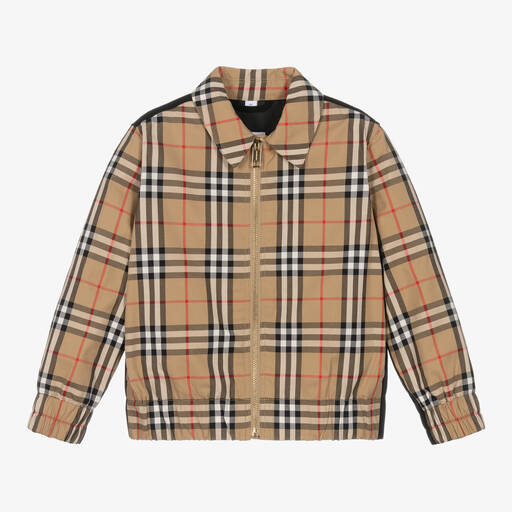 Burberry-Boys Beige Cotton Check Zip-Up Jacket | Childrensalon