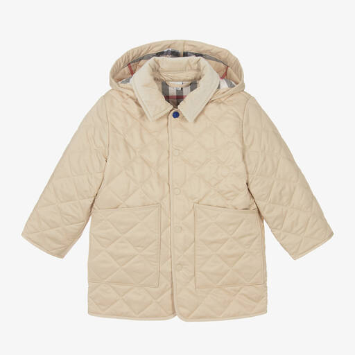 Burberry-Boys Beige Quilted Hooded Coat | Childrensalon
