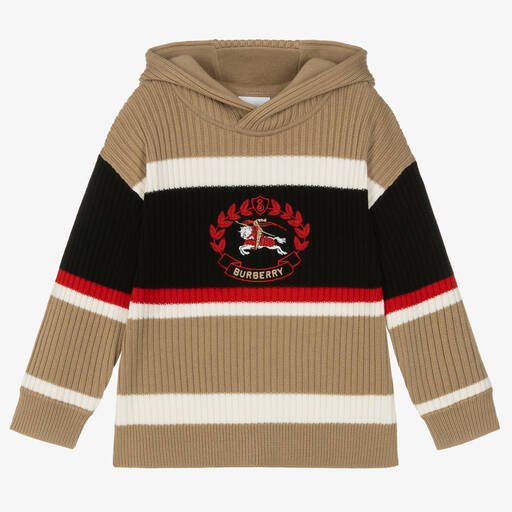 Burberry-Boys Beige Wool EKD Hooded Sweater | Childrensalon