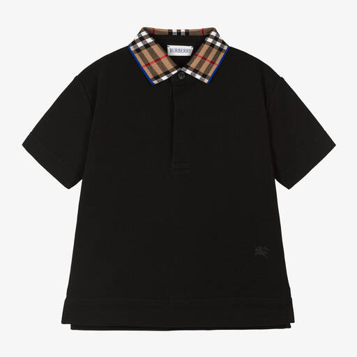 Burberry- قميص بولو كاروهات قطن لون أسود للأولاد | Childrensalon
