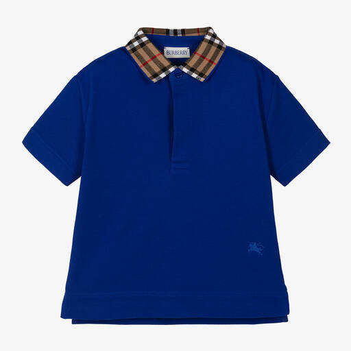 Burberry- قميص بولو كاروهات قطن لون أزرق للأولاد | Childrensalon