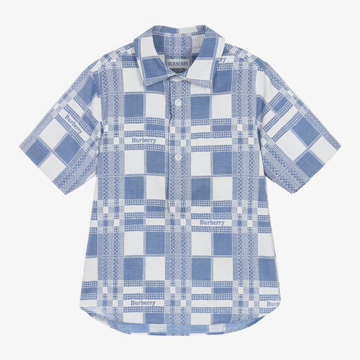 Burberry-قميص قطن كاروهات لون أزرق فاتح وأبيض للأولاد  | Childrensalon
