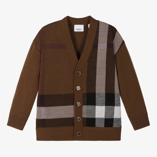 Burberry-Cardigan marron en laine à carreaux | Childrensalon