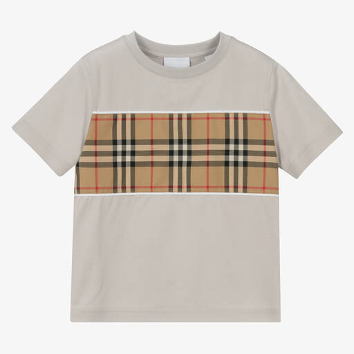 Burberry-Boys Grey & Beige Check T-Shirt | Childrensalon