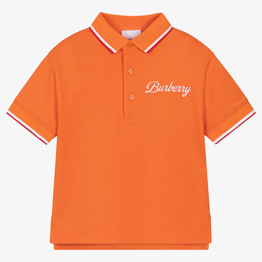 Burberry-توب بولو قطن بيكيه لون برتقالي للأولاد | Childrensalon