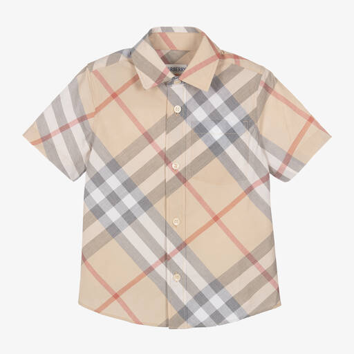 Burberry- قميص كاروهات قطن لون بيج فاتح للأولاد | Childrensalon