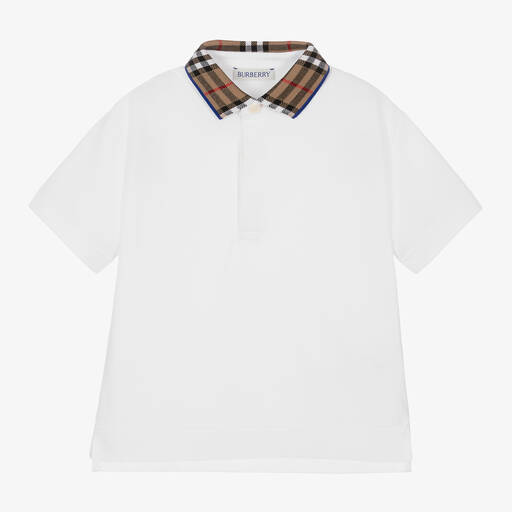 Burberry-Boys White Check Polo Shirt | Childrensalon