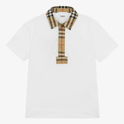 Burberry-Белая рубашка поло с акцентами в ретроклетку | Childrensalon