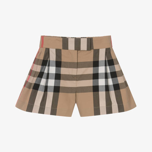 Burberry-Girls Beige Check Cotton Shorts | Childrensalon
