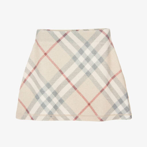 Burberry-Girls Beige Check Merino Wool Skirt  | Childrensalon