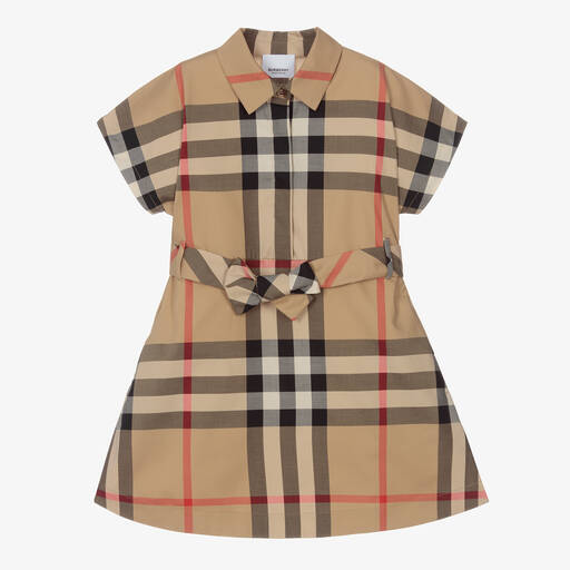 Burberry-Бежевое платье-рубашка в клетку для девочек | Childrensalon