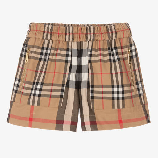Burberry-Girls Beige Cotton Check Shorts | Childrensalon