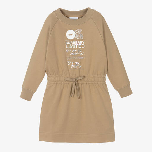 Burberry-Girls Beige Cotton Logo Dress | Childrensalon