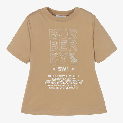 Burberry-Girls Beige Cotton T-Shirt | Childrensalon