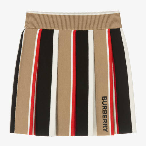 Burberry-Girls Beige Icon Stripe Wool Knit Skirt | Childrensalon