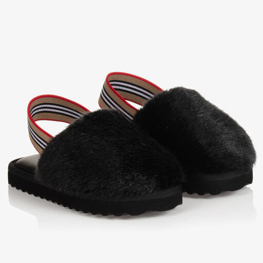 Burberry-Girls Black Faux Fur Slippers | Childrensalon