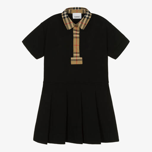 Burberry-فستان قطن بيكيه كاروهات لون أسود | Childrensalon