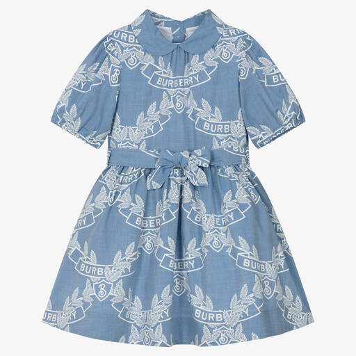 Burberry-Girls Blue Chambray Oak Leaf Crest Dress | Childrensalon