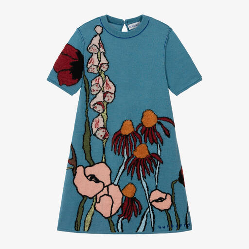 Burberry-فستان بطبعة ورود صوف محبوك لون أزرق | Childrensalon