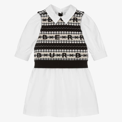 Burberry-فستان قميص قطن بوبلين وصوف محبوك لون أبيض | Childrensalon