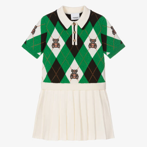 Burberry-Girls Green & Ivory Wool & Cashmere Dress | Childrensalon