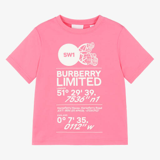 Burberry-Girls Pink Cotton Logo T-Shirt | Childrensalon
