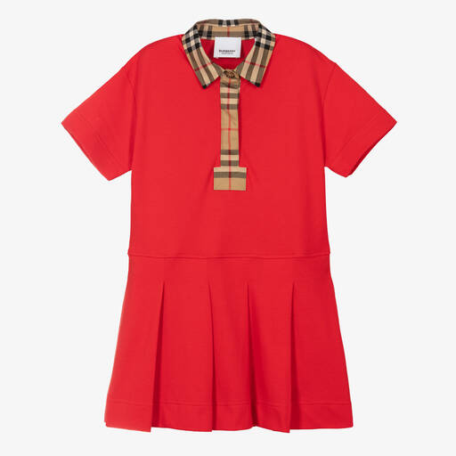 Burberry-فستان بولو قطن بيكيه كاروهات لون أحمر | Childrensalon
