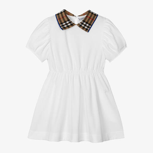 Burberry-Girls White Check Polo Dress | Childrensalon