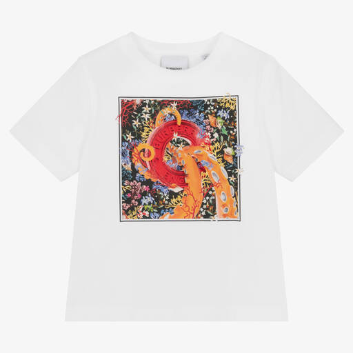 Burberry-Girls White Coral Cotton Logo T-Shirt | Childrensalon