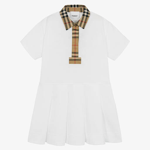 Burberry-Белое платье с акцентами в ретроклетку | Childrensalon