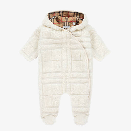 Burberry-Ivory Check Fleece Baby Pramsuit | Childrensalon