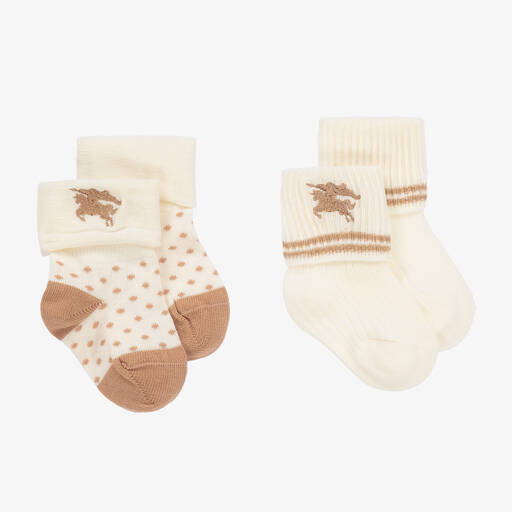 Burberry-Ivory EKD Dot Cotton Baby Socks (2 Pack) | Childrensalon