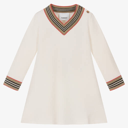 Burberry-Elfenbeinfarbenes Kleid mit Icon-Streifen (B) | Childrensalon