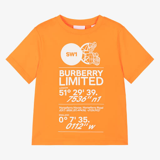 Burberry-Orange Cotton Logo T-Shirt | Childrensalon