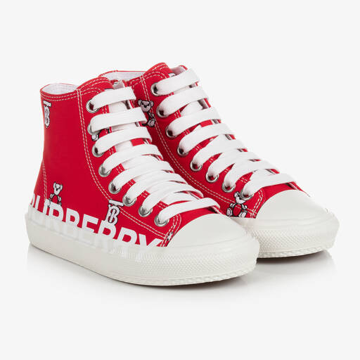 Burberry-Red Canvas High-Top Trainers | Childrensalon