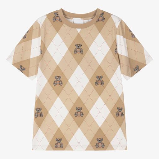 Burberry-Teen Beige Cotton Argyle Check T-Shirt | Childrensalon
