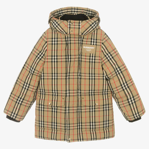 Burberry-معطف بطبعة كاروهات الفينتاج لون بيج مبطن بريش تينز | Childrensalon
