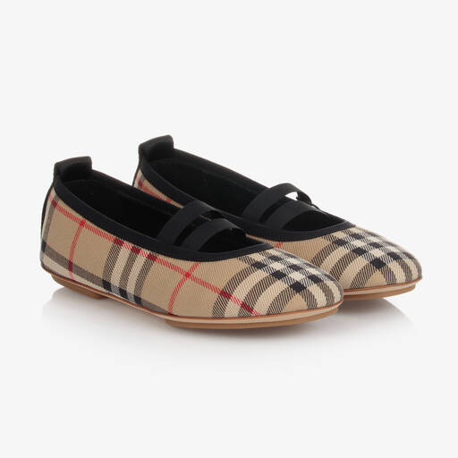 Burberry-حذاء بمب تينز بناتي قطن كاروهات لون بيج | Childrensalon