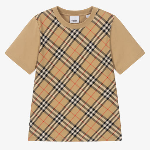 Burberry-Teen Boys Beige Check T-Shirt | Childrensalon