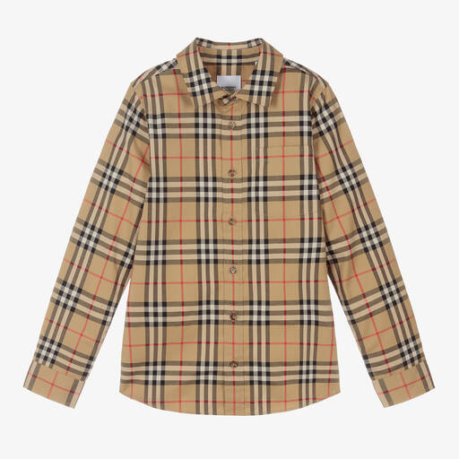 Burberry-قميص قطن كاروهات لون بيج تينز ولادي | Childrensalon